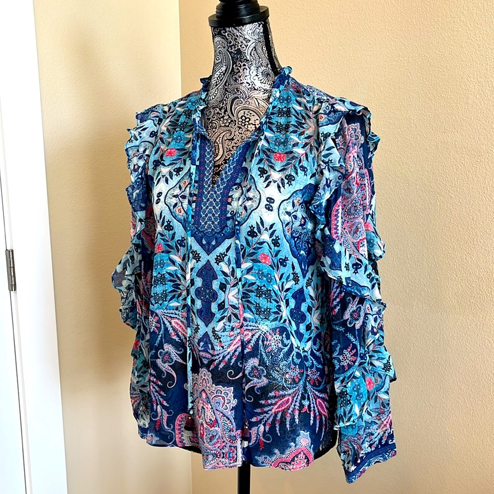 Hale Bob Blue and Pink Floral silk women’s blouse/Top size small